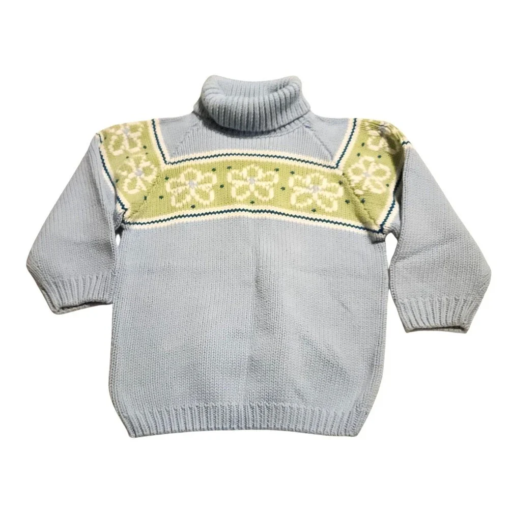 Vintage 80s Gymboree Turtleneck Sweater Blue Green w/ Flowers Girls Size M 3-4